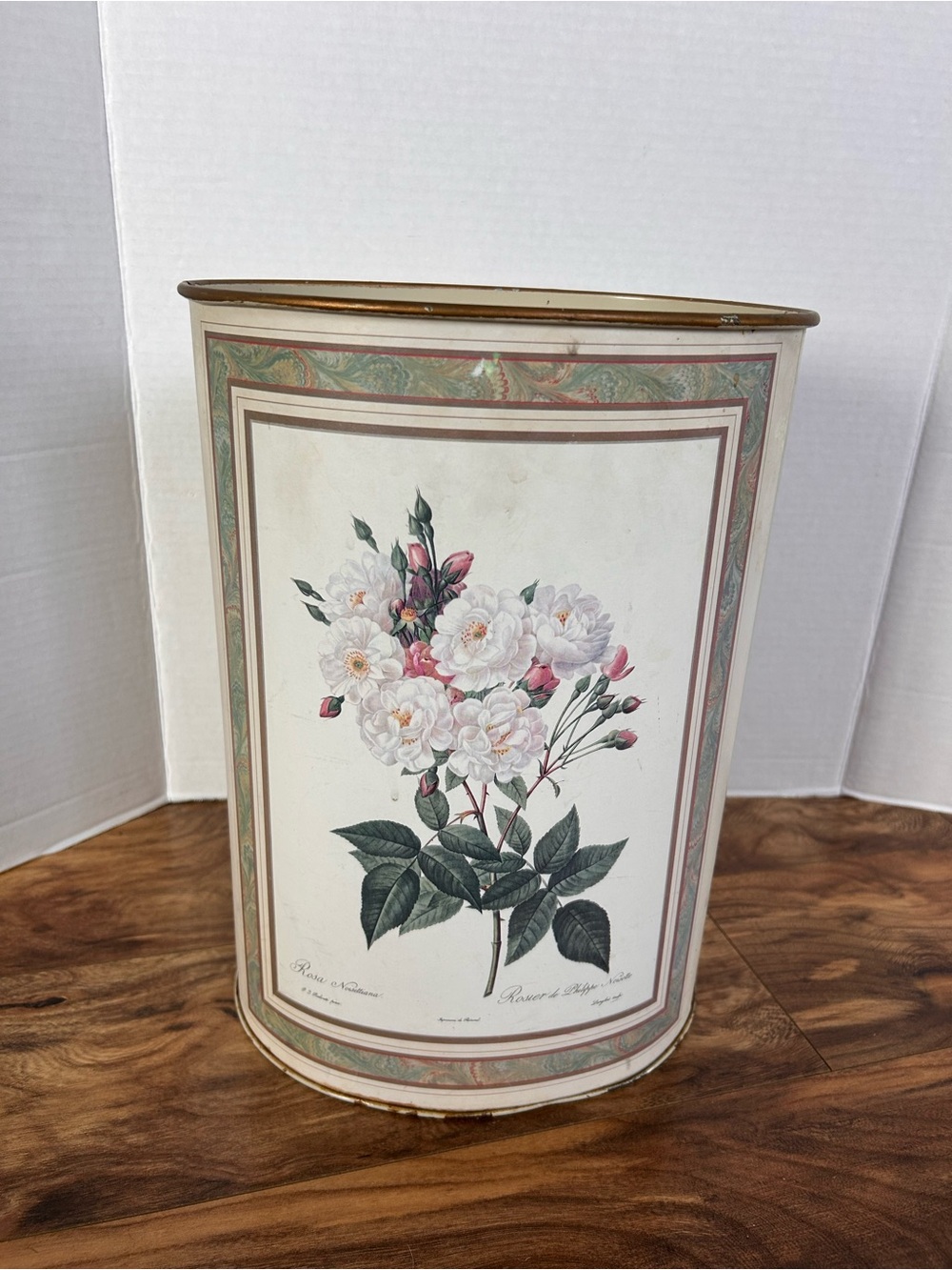 Vintage MCM Floral Rose Botanical Metal Wastebasket Rosa Noisettiana
